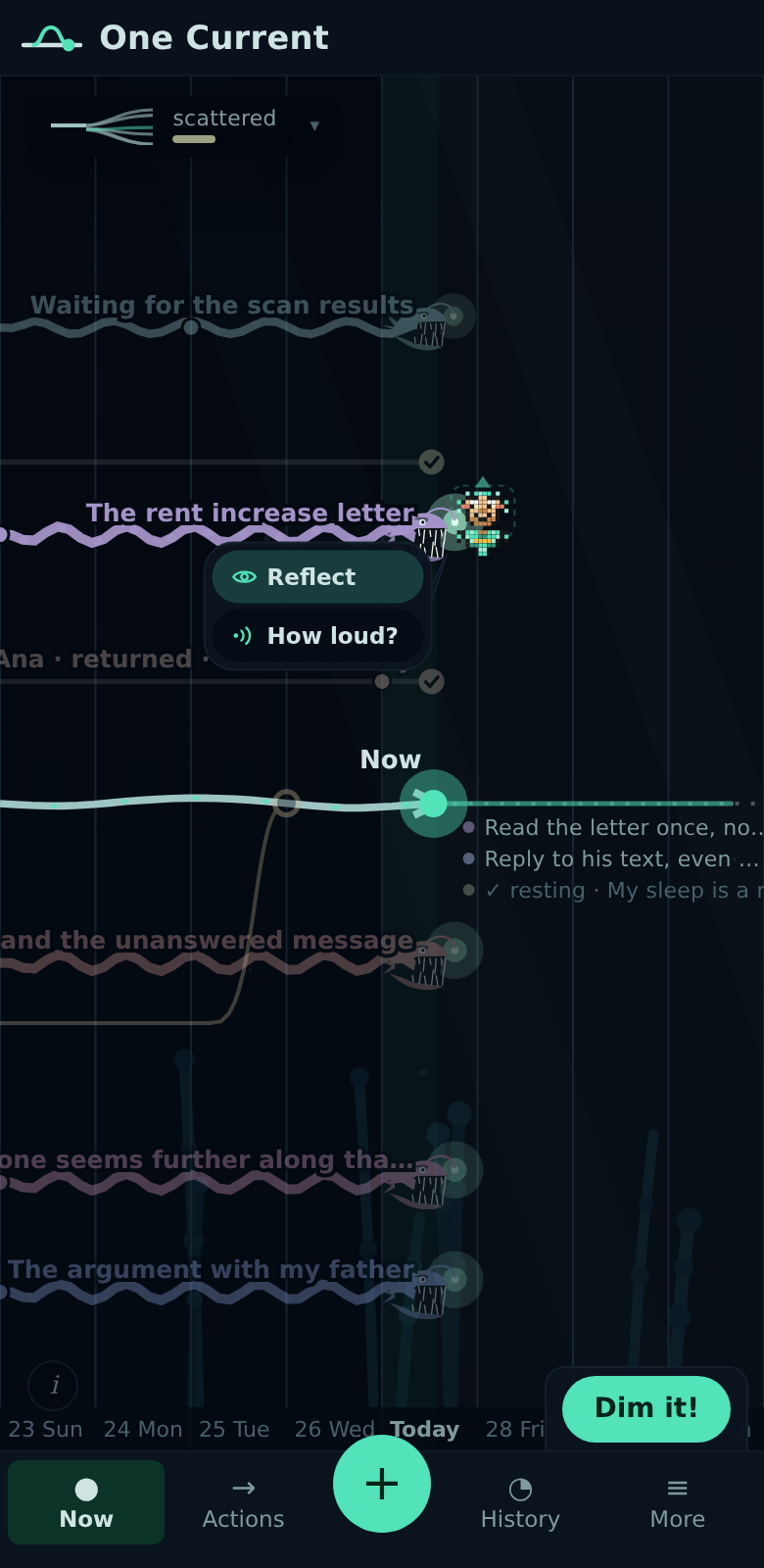 The Abyss theme: a deep-sea black timeline where each open thread ends in an anglerfish with a glowing lure.