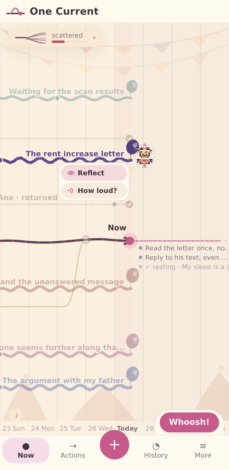 The Carnival theme: a cream timeline with bunting colours where each open thread ends in a balloon.