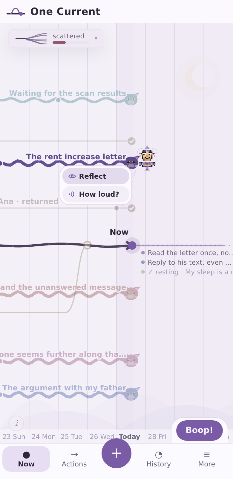The Catnap theme: a soft lavender timeline where each open thread ends in a small cat's face watching you.