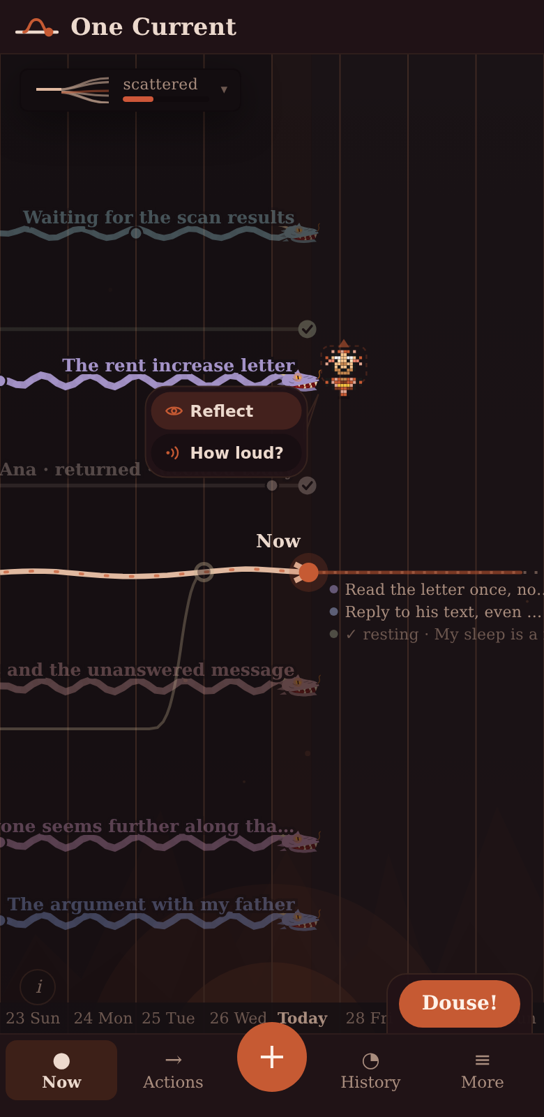 The Demonfire theme: a dark ember timeline where each open thread ends in a small dragon head.