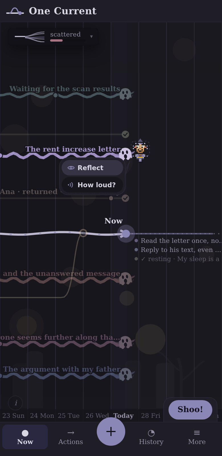 The Gravemist theme: a foggy lantern-lit timeline where each open thread ends in a small ghost.