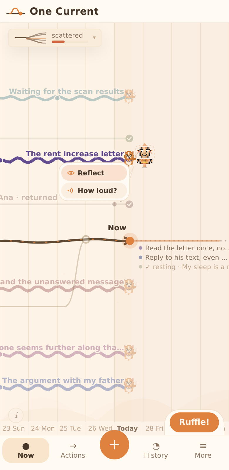 The Pompom theme: a warm peach timeline where each open thread ends in a small orange pomeranian.
