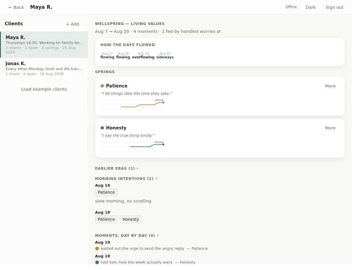 The companion app showing a client's Wellspring share: a flow-word day strip, spring cards for Patience and Honesty with identity sentences and 14-day strength sparklines, morning intentions, and moments day by day.